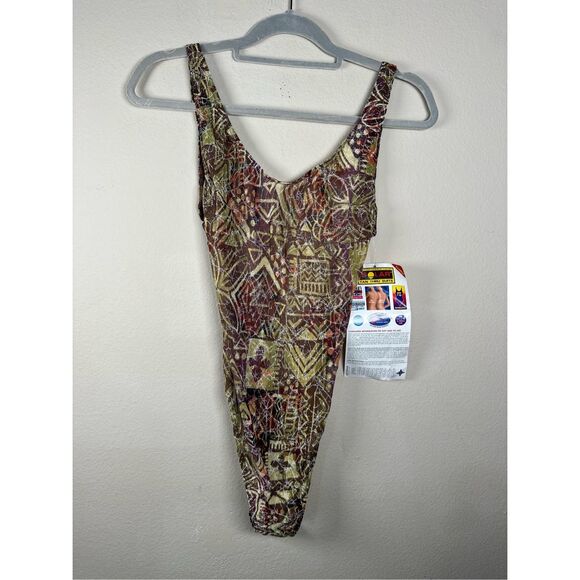 DEADSTOCK 90's Tan Thru One Piece Swimsuit Bodysuit Sz 9/10 NWT - Picture 1 of 9